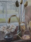 Pat Dyson (20th century) watercolours, still life study by a window, signed and dated '02' lower