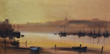 A 1970's oil on canvas, boats on the River Thames, unsigned, in the manner of Ron Folland (British