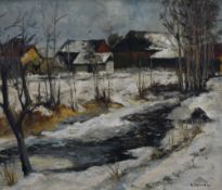 Erich Schmid (Austrian, Vienna 1908-1984) oil on board, winter river scene with buildings, signed
