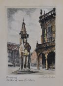 A mid 20th century continental engraving, statue of Roland, entitled and indistinctly signed in