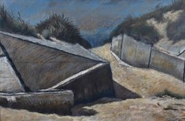 An attractive mid-century coastal study, pastels on board, indistinctly signed lower right