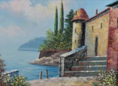 A 20th century oil on canvas, Italian lake scene, signed Rossin, within a moulded gilt frame 49cm