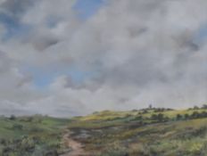 Jack Nuttall (British 20th century) coloured chalks, Norfolk marshland scene with Cley Church in the