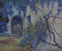 After Madge Bright (Australian b.1939) colour print, arched door from the garden, within a stepped