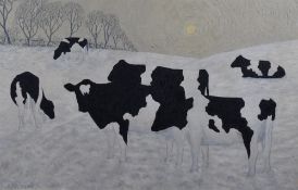 J.T Rourke (contemporary) oil on board, Friesian cows within a moonlit winter landscape, signed
