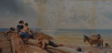 An early 20th century coloured print, children on the beach with donkey, bearing facsimile