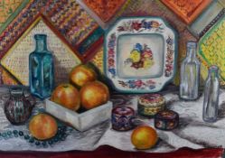JM Downs (contemporary) oil on board, still life study, signed lower right, unframed, 45.5cm by