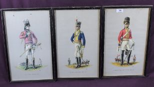 Three mid century coloured prints, depicting uniforms of the Napoleonic war, 41cm by 25cm.