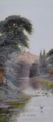 R. Davis (British 19th/20th century) oil on opaque glass panel, river scene entitled 'On The Wharfe'