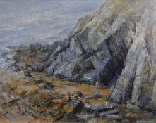 Matti Williams (British 20th century) impasto oil on board, entitled 'Cove at Porth Oer' signed