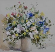 A modern watercolour still life study, depicting a vase of flowers, within a washline card mount,