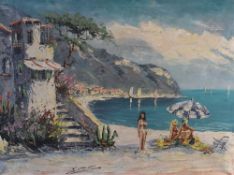 A late 20th century impasto oil on canvas, European beach scene with sunbathers, indistinctly signed
