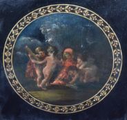 An 18th/19th century oil on panel, depicting Putto or Cherubim at play around a flaming log, all