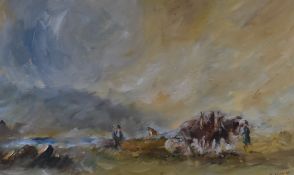 Ian Dunn (local contemporary) oil on board, entitled 'Log Pulling at Derwent' verso, a depiction