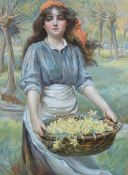 A Victorian coloured chromolithograph, entitled 'Spring Dawning' depicting a young girl collecting
