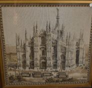 Two early 20th century machined tapestrys, views of Milan and Venice, each within gilt slip