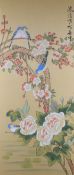 A 20th century gouache on tensioned material, Chinese birds amidst foliage, 89 x 44cm, and two of