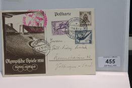 1936 LZ129 HINDENBURG BERLIN OLYMPIC GAMES FLIGHT COVER Pre-printed Olympics card for Berlin games