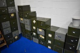 A selection of 43 vintage industrial type office card drawers , mainly Veteran Series, in grey and
