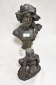 A modern replica bust of an Art Nouveau female and a similar resin cast sculpture of a crouching
