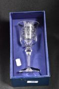 A Whitefriars etched wine glass to commemorate the Royal 1977 Jubilee, having original box.