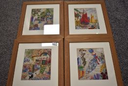 Four hand sewn embroidery pictures including a Crinoline lady, Garden, Cottage and Boating.