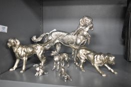Six modern cast metal and silver plated dog studies of Labradors or gun dogs.