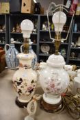 A vintage Masons Mandalay pattern table lamp with a similar porcelain lamp.