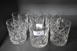 A set of six modern Cumbria Crystal Glass Tumblers in the Keswick pattern.