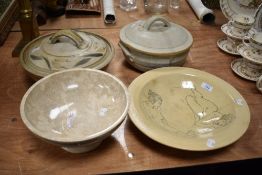Two studio pottery lidded tureens with a similar studio pottery bowl and an Indonesian stone