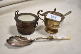 A Walker and hall HM silver mustard with a Bristol blue glass liner, with a small early 20th century