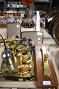 A selection of vintage hardware including two brass blow torches, an unmarked oiler, two wing