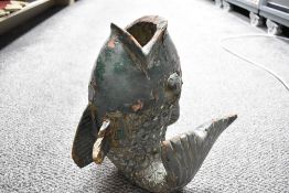 A 20th century wooden carved Chinese styled Koi carp study having carved and inlaid details