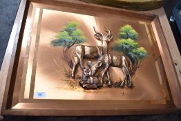 A mid century copper relief plaque of a family of African Gazelle. 60cm x 45cm