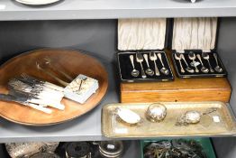 A selection of table serving items including a Peter Hall of Staveley lazy susan, mother of pearl