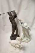 A David Cornell Unicorn animal study with two golf figures including Darnell and Lladro
