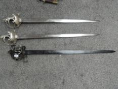 Three modern re-enactment Basket Hilt Swords, two having blades inscribed Cromwell, leather grips