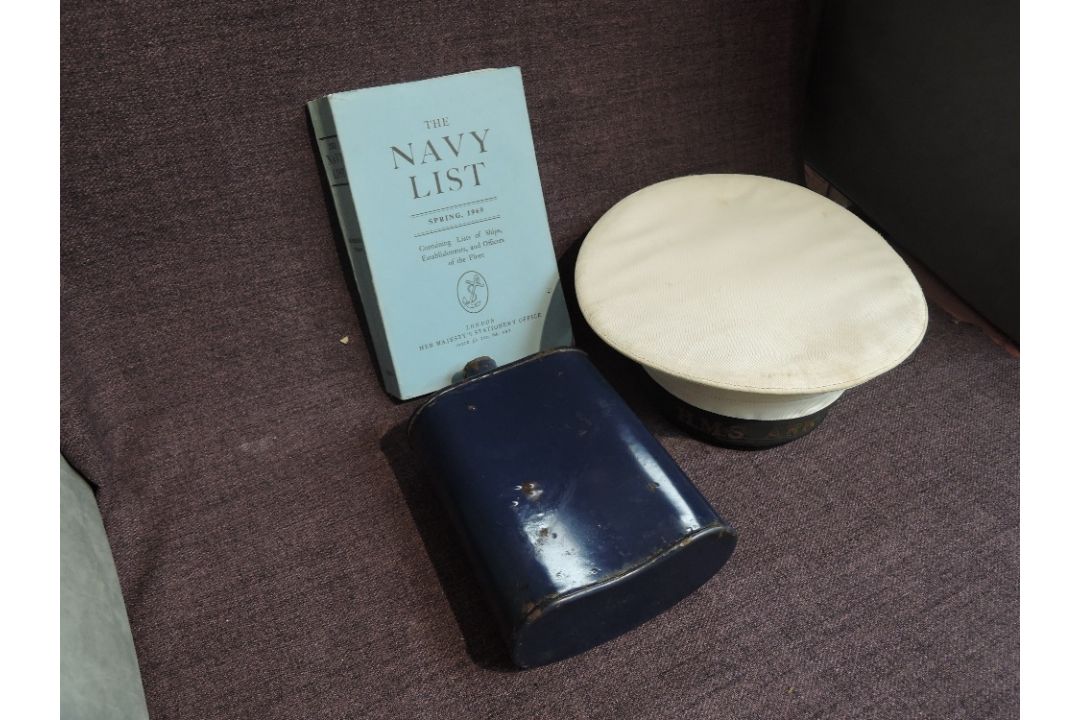 Three Royal Navy Items, The Navy List Spring 1969, blue metal Water Bottle and a Cap with band HMS
