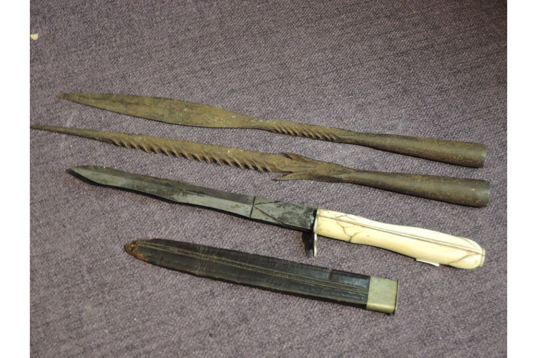 A Joseph Rodgers Dagger having doubled edge blade with leather scabbard, blade length 17cm,