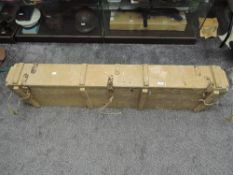 A possible WW2 Pine Ammo Box, sand coloured, length 144cm, width 36cm, depth 17cm, with metal