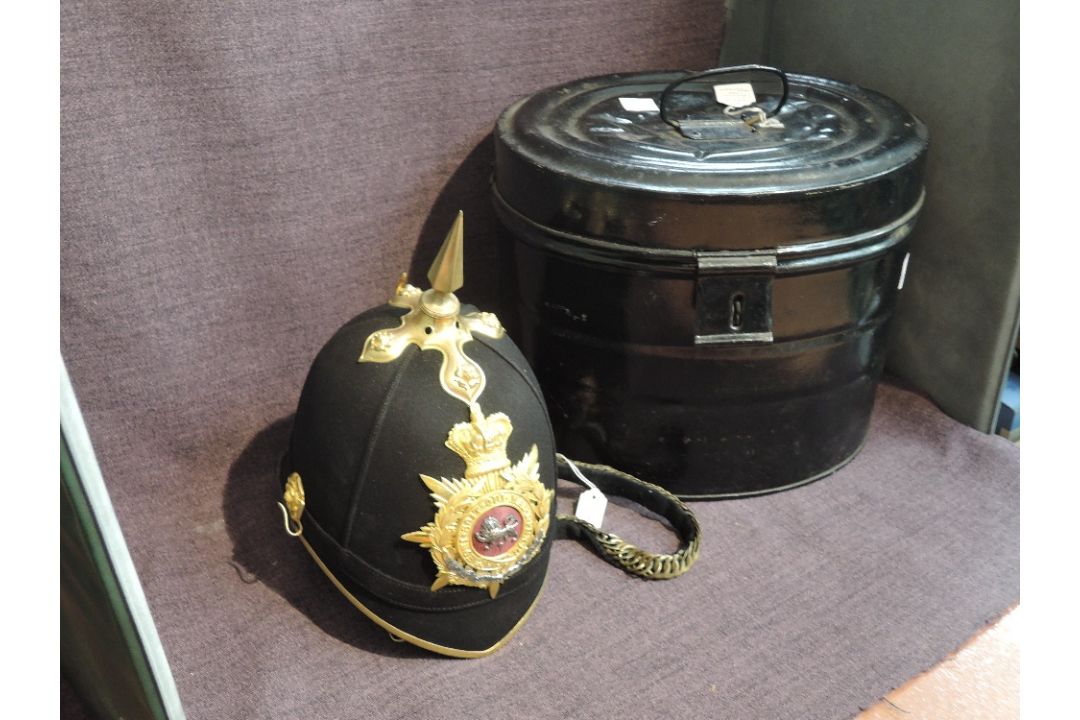 A Royal Lancaster Regiment Victorian Kings Own Officers Blue Cloth Helmet with helmet plate and chin - Image 1 of 7