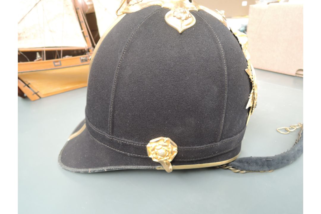 A Royal Lancaster Regiment Victorian Kings Own Officers Blue Cloth Helmet with helmet plate and chin - Image 7 of 7