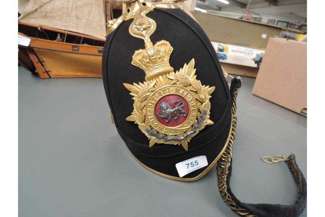 A Royal Lancaster Regiment Victorian Kings Own Officers Blue Cloth Helmet with helmet plate and chin - Image 6 of 7