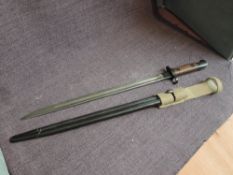 A British SMLE Pattern 1907 Scabbard, no hook quillon, 1907 Sanderson on blade, leather & metal