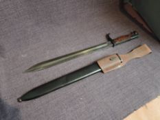 A WWI German Mauser Bayonet 1915 with metal Scabbard & leather Frog, blade marked Waffenfabrik