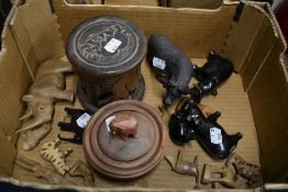 A collection of treen African animal studies including Rhinoceros, Ox, stone Hippopotamus, a set