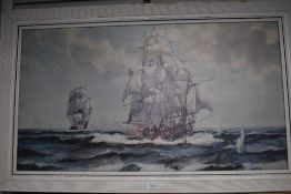 A 20th century colour print, depicting a maritime battle scene, facsimile signature lower right,