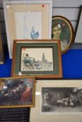 A variety of framed and glazed vintage and modern prints and art work.