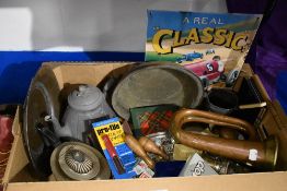 A reproduction tin plate 'Classic Cigars' advertising sign, a copper hunting horn AF, a Ronson