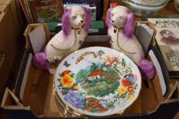 Eight Reco display plates and two K.H pottery Staffordshire dogs.